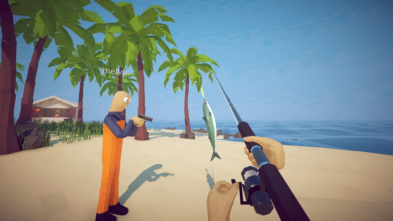 Two How to Fish players catching a fish together on a sunny tropical beach
