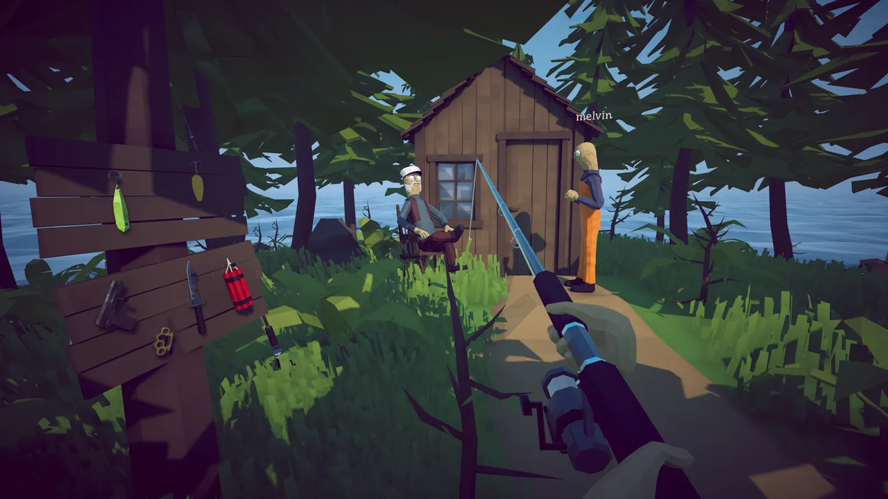 First-person player holding a shotgun beside a forest cabin and equipment wall in How to Fish