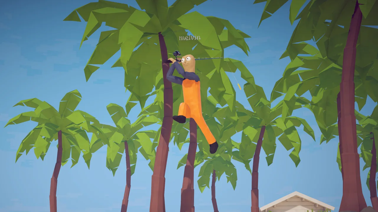A How to Fish player character climbing a palm tree above a tropical beach